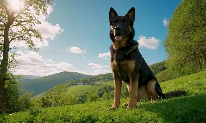 Un perro gigante, de pie orgulloso, con una mirada atrevida, en una colina verde, rodeado de árboles exuberantes, y un vasto cielo azul, transportando fuerza y serenidad