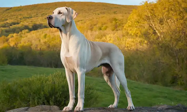 Un majestuoso Gran Dane de pie alto, su abrigo brillando a la luz del sol, con un regal Labrador Retriever sentado tranquilamente a su lado, contra un sereno fondo azul, con colinas rodantes y un bosque distante, rodeado de exuberante vegetación, con la cámara angulada para capturar su grandeza