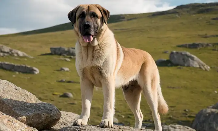 gran perro kangal turco de pie en un terreno rocoso, rodeado de gran paisaje, con poderosos músculos de construcción y fuerte, mirando directamente a la cámara, oídos arriba, cola alta
