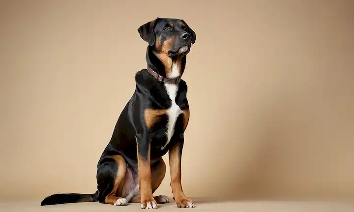 Perro de raza grande, de pie recto en las patas traseras, expresión suave, fondo de enfoque suave, elegante pose, orgulloso pecho fuera, pata sostenida quieta, oídos agitando suavemente