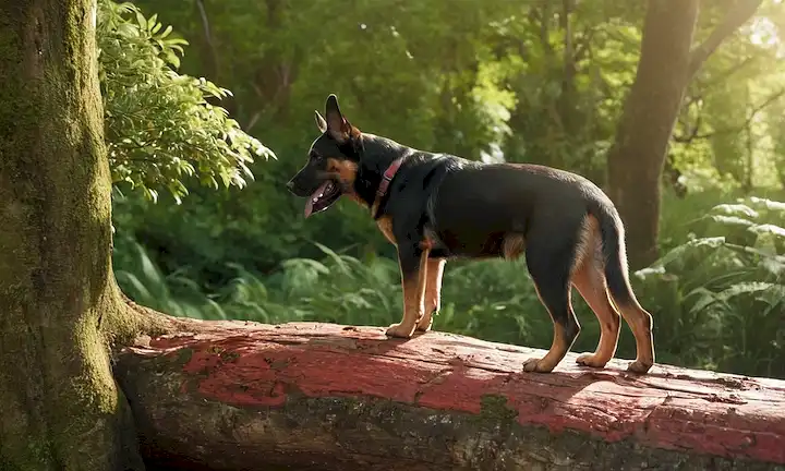 ilustración 3D de un perro, rascado en tronco de árbol o superficie de madera, con parches rojos e irritados de piel, flecos de suciedad negra o escombros, y escalas sutiles o crustinesa, rodeado de exuberante follaje verde, luz solar cálida y sombras suaves