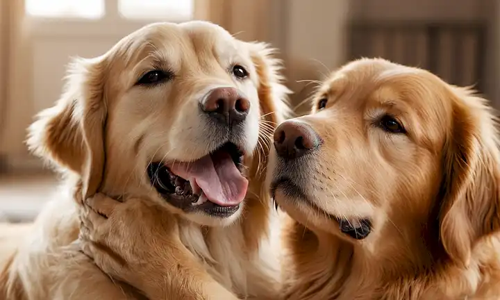 ilustración 3D de un feliz recuperador de oro con brazos abiertos abrazando a un amigo peludo más pequeño, enfoque suave en sus caras, iluminación suave, colores cálidos, textura sutil y un sentido de cercanía