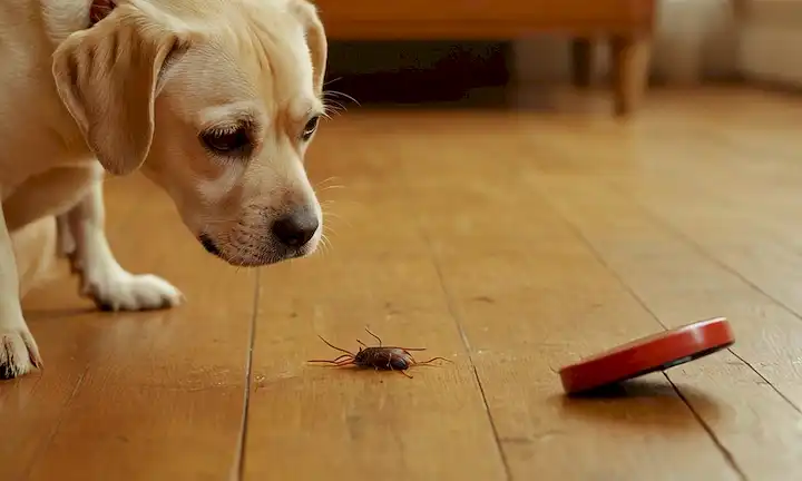 Un perro arañando un suelo de madera con pulgas saltando de la espalda, una persona sentada al lado de él mirando preocupado y sosteniendo un peine de pulgas, una lupa que examina una sola pulga, un ácaro de polvo arrastrando sobre una superficie, una pata de perros cubiertos de golpes rojos y rasguños