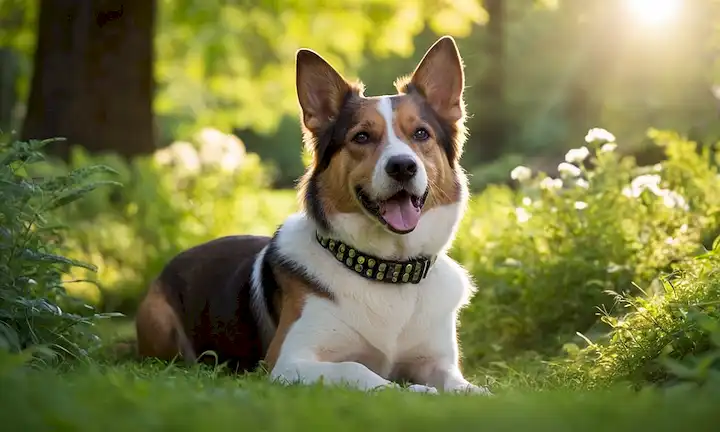 un perro con un collar brillante con pequeñas etiquetas, rodeado de vegetación exuberante, la luz del sol caliente filtrando a través de árboles, perro alegre y saludable con cola desgarradora, sin signos visibles de parásitos o incomodidad, ambiente sereno general y idílico