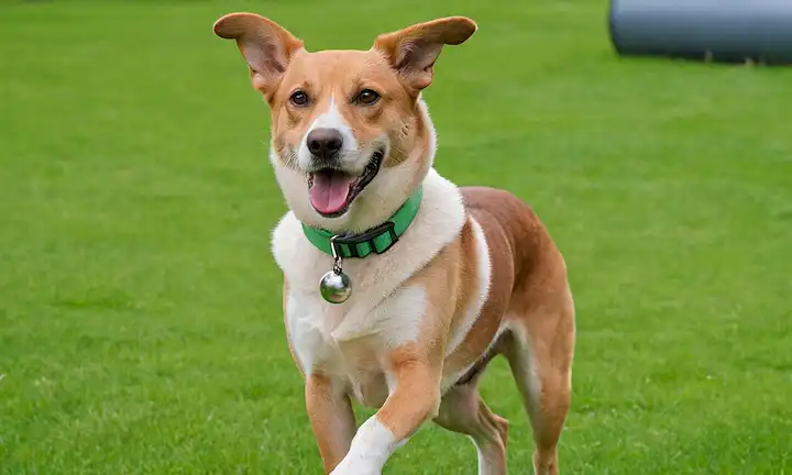 Un perro feliz con un abrigo brillante, jugando al aire libre con una pelota, llevando un collar con la etiqueta y teniendo una botella de píldora cerca, con un fondo verde hierba