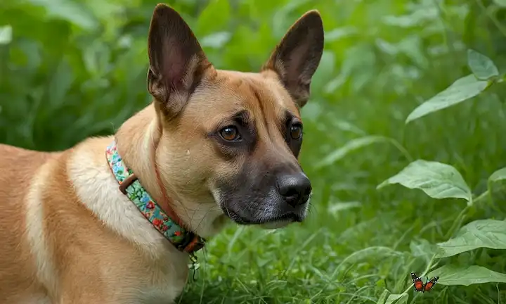 Un perro que lleva un collar colorido con etiquetas brillantes, rodeado de vegetación exuberante, con unos pocos toques sutiles de insectos o parásitos en el fondo, como pequeñas hormigas arrastrando sobre la hierba, una mariposa descansando en una hoja, o una delicada tela de araña en la esquina