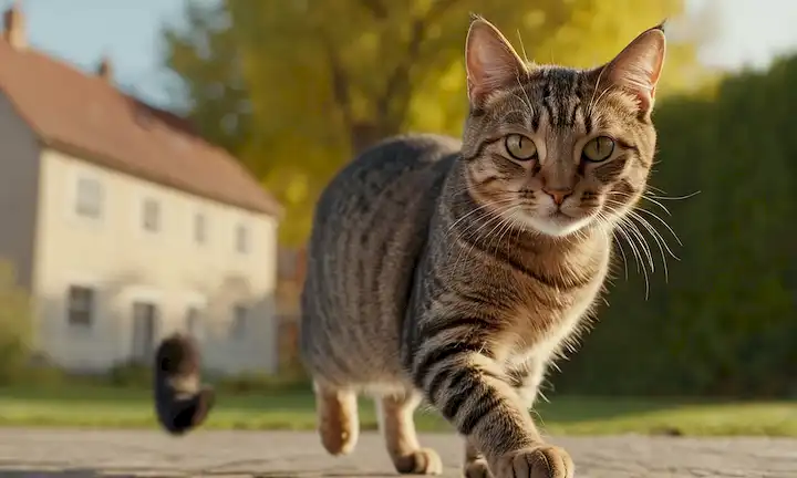 ilustración 3D de un gato en movimiento, girando o inclinando, con fondo borroso, transmitiendo mareos y desorientación, rodeado de formas débiles de casas o árboles para representar el medio ambiente, con efectos de textura sutil para el realismo, colores cálidos para un sentido de comodidad