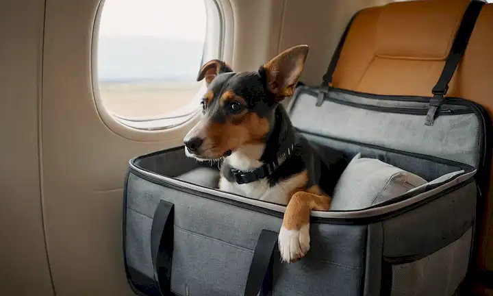 un perro tranquilo sentado en un portador de mascotas, rodeado de cojines suaves, con una ventana de avión visible en el fondo, una iluminación suave, un efecto borroso sutil para transmitir movimiento, un tono de color cálido para evocar sentimientos de comodidad y seguridad