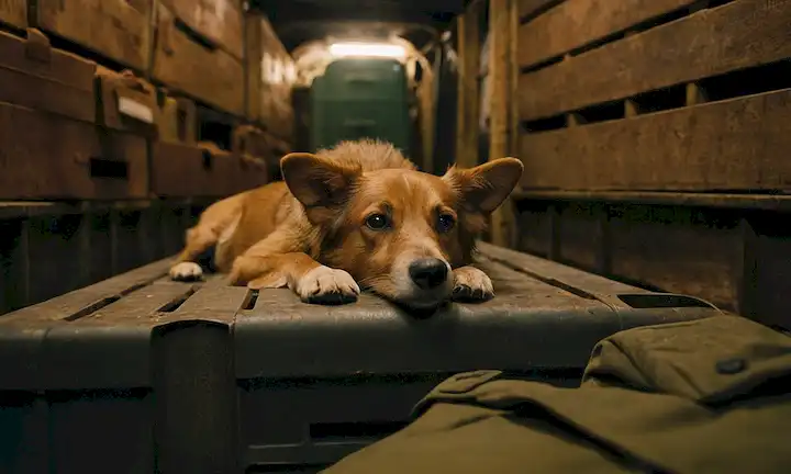 Un perro acostado en un piso de carga gastado, rodeado de cajas y equipaje, con una expresión preocupada en su cara; una cabina diminuta con paredes de metal oxidado, un olor débil de combustible en el aire; espacios calambres y esquinas confinadas; un paquete furioso de ansiedad y malestar