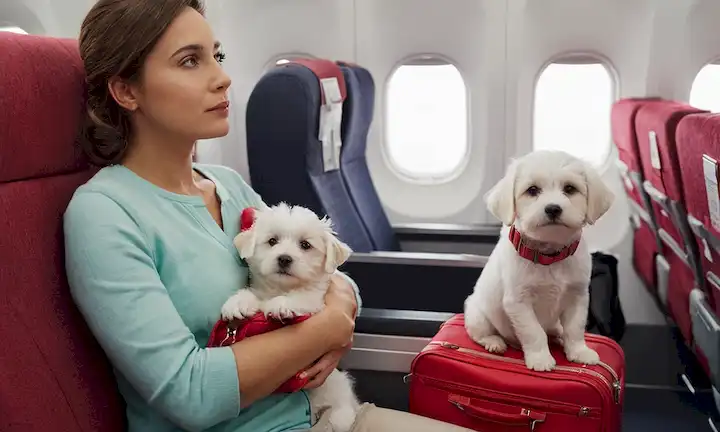 Una persona sosteniendo a un perro en su regazo en un asiento de avión, con una expresión preocupada y una pata envuelta alrededor de su brazo, una vista de ventana de nubes fuera; un perro blanco rubio sentado junto a un perchero de equipaje con una bolsa roja; una mujer ansiosa sentada sola en el pasillo con sus manos en las rodillas, mirando por la ventana a nubes blancas hinchadas;