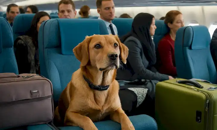 Un perro sentado en un asiento de economía, una expresión entretenida en su cara, rodeado de maletas y caos, con un toque de turbulencia, un pasajero estresado tratando de calmarlo, un transportista o una caja ligeramente ajar, y un fondo borroso del aeropuerto