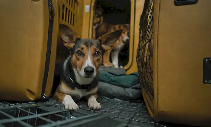 Un perro sentado en una bodega de carga angosta, repleto de orejas, rodeado de equipaje y redeo de carga, con un vistazo de los asistentes de vuelo de la mano que llega a través de una puerta abierta, luz débil filtrando desde una ventana distante, sombras en el suelo de metal, un toque de turbulencia reflejada en los perros expresión ansiosa