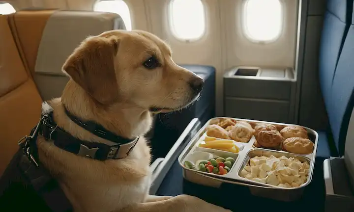 Un perro tranquilo sentado junto a una ventana de cabina de avión
