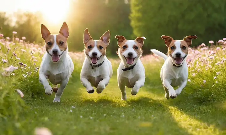 3-4 feliz Jack Russell Terriers corriendo juntos en un campo verde, con el sol brillando, rodeado de flores florecientes, y unas cuantas mariposas girando alrededor