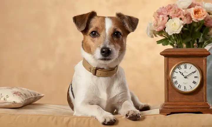 Un viejo Jack Russell Terrier con piel gris, sentado en un cojín, rodeado de flores, sosteniendo un reloj viejo en su pata, mirando contemplativo, con una ligera sonrisa, puesto en un cálido fondo beige, con enfoque suave y suave luz
