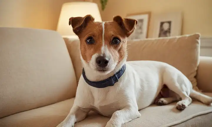 80 años Jack Russell Terrier con un gemelo en su ojo, sentado en un sofá de felpa, rodeado de fotos y recuerdos de una larga vida, con una suave sonrisa en su cara, mirando con contentamiento a una memoria lejana, teniendo una expresión tranquila y serena, estando en una habitación acogedora con luz natural, teniendo una postura digna, con un toque de sabiduría en su mirada