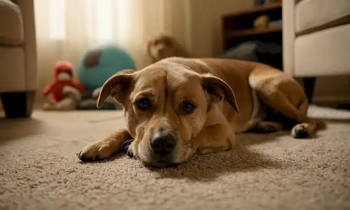 Un perro angustiado con una herida abierta en su cuerpo, acostado en una alfombra desgastada, con un juguete roto cerca, un fondo borroso de una habitación desordenada, y sombras que representan miedo o ansiedad, transmitiendo un sentido de abandono y abuso