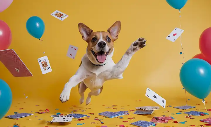 Un perro juguetón en el aire, saltando sobre un obstáculo hecho de jugar cartas; un fondo alegre y brillante con globos y confeti; una figura humana riéndose en primer plano, sosteniendo un frisbee o bola; alegres ilustraciones caprichosas que rodean la escena principal, sugiriendo diversión y emoción