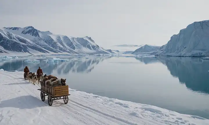 1925 Inuit lugar de pueblo con perros nevados que se acercan desde la distancia, llevando cajas antitoxinas y dos exploradores vestidos en parkas, paisaje de invierno con icebergs y lago congelado en fondo