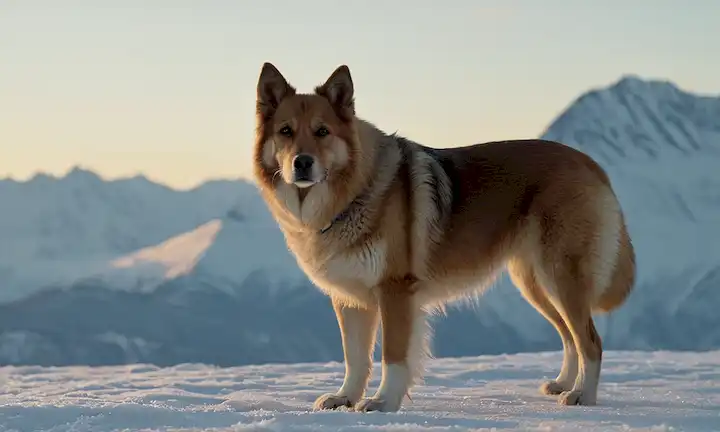 Un perro heroico de pie fuertes montañas cubiertas de nieve en el fondo, viento frío soplando, patas cubiertas de hielo, una mirada determinada en su cara, refugio cálido y acogedor detrás, luces distantes de la aldea de Nome, paisaje helado estirando hacia fuera