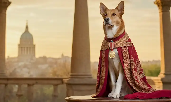 Perro del siglo XIX, pose orgullosa, patas delanteras se unieron en el triunfo, expresión heroica, capa fluyente con patrones intrincados, medalla de oro suspendida del cuello, patas descansando en un pedestal de madera, fondo borroso insinuando en el entorno urbano, paleta de colores cálidos enfatizando la nostalgia y el drama