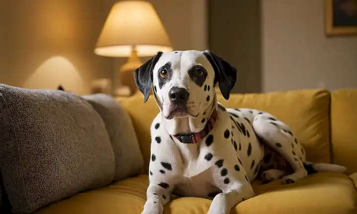 Un perro de raza mixta con un parecido llamativo a un dálmata, sentado en un sofá o cama, mirando directamente al espectador con un sentido de urgencia y vulnerabilidad, rodeado de un fondo sutil borroso, con una iluminación cálida que evoca un sentido de intimidad y conexión humana