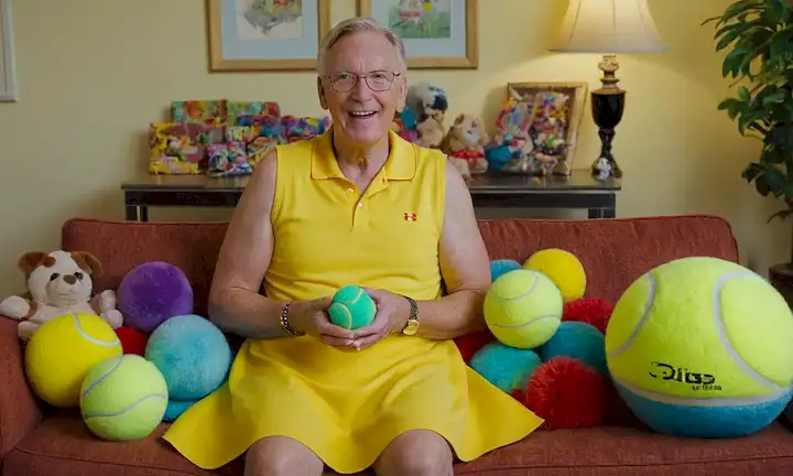 Una foto de Tom Peters sentado en un sofá, con un tono amarillo brillante, rodeado de juguetes y golosinas, con un collar adornado con brillantes etiquetas de nombre, en medio de un telón de fondo de bolas coloridas y almohadas suaves, sus ojos brillan con emoción mientras muestra orgullosamente su pelota de tenis favorita