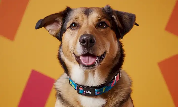 Una cara humana sonriente y enérgica con características como perro, usando un collar y una etiqueta de nombre; un fondo de color vibrante con formas abstractas que se parecen a una piel de perros; un ambiente lúdico y látrico con movimiento y textura