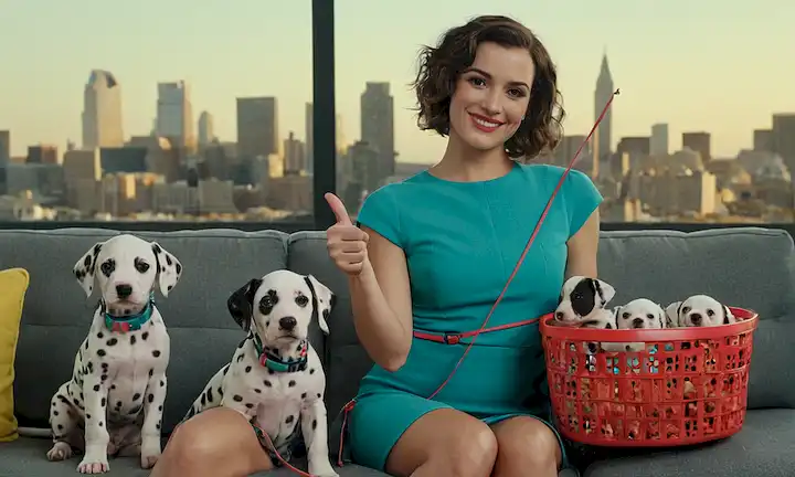 una persona con una cara sonriente, con colores brillantes, posando frente a un paisaje urbano, sosteniendo una correa, rodeada de cachorros dalmatianos, con un corte de pelo elegante, teniendo maquillaje visible, dando un pulgar hacia arriba, sentado en un sofá con una canasta de juguete para perros