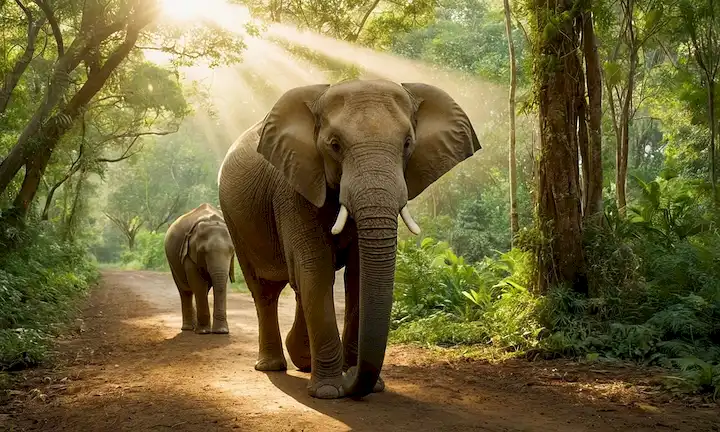 Tortuga suave caminando junto a un elefante majestuoso, rodeado de frondoso bosque verde, con la luz solar filtrando a través de árboles, calidez y tranquilidad emanando de la escena, con diversos amigos animales en armonía, transmitiendo respeto y compasión por todos los seres vivos, convivencia pacífica, serenidad y unidad