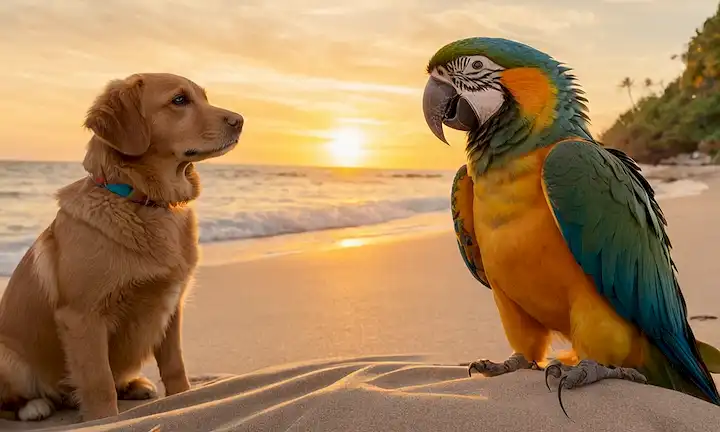 3 amigos, un perro, un gato, y un loro, sentado en una playa juntos, con olas que se estrellan en el fondo, sol, colores cálidos, sonrisas en sus caras, patas entrelazadas, colas entrelazadas, plumas rotas, transmitiendo amistad, confianza y armonía