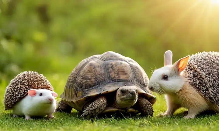 3 amigos - una tortuga, un conejo y un erizo - se reunieron, sosteniendo patas, abrazándose el uno al otro, con la cálida luz del sol y exuberante entorno verde
