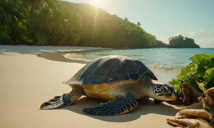 Una escena serena de la playa oceánica con un grupo de animales reunidos alrededor de una tortuga marina varada