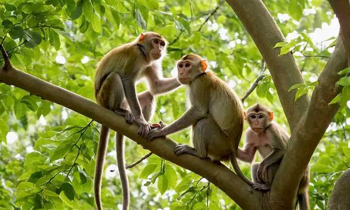 Un grupo de monos en un árbol, ayudando a un mono bebé subir, mientras que otros miran con expresiones preocupadas, con hojas verdes exuberantes y ramas que los rodean, luz solar caliente filtrando a través, enfoque suave para capturar momento suave