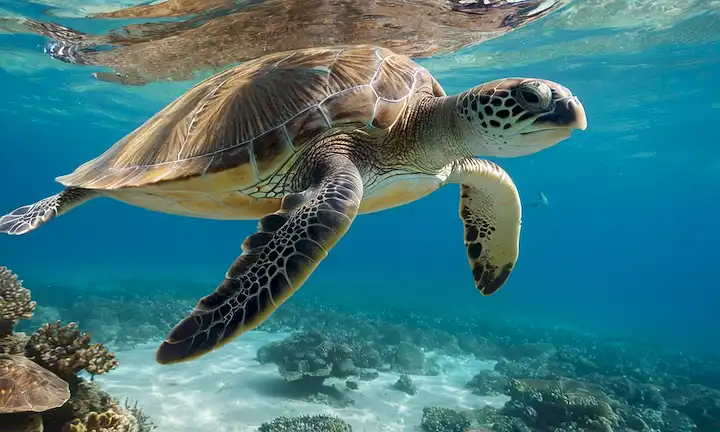 un disparo de cerca de una tortuga nadando cerca del arrecife de coral, con un delfín nadando cerca, mostrando tortugas cabeza y aleta dorsal, una sutil sonrisa en la cara de las tortugas, suaves ondas de agua, suave luz del sol iluminando la escena, ambiente tranquilo, colores cálidos, enfoque calmante, sentido de amistad