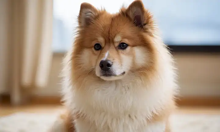 Un perro japonés con un abrigo suave, sentado tranquilamente, con su cabeza inclinada a un lado, mirando directamente a la cámara, rodeado de un fondo borroso, transmitiendo un sentido de serenidad y naturaleza suave