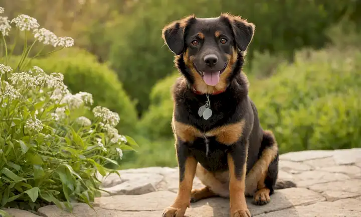 Un perro feliz de tamaño mediano con un abrigo corto, rabo rizado, ojos marrones grandes y orejas floppy, sentado frente a un fondo tranquilo, posiblemente un jardín o parque El perro puede ser mostrado con sus patas juntas o descansando en una roca pequeña, transmitiendo un sentido de serenidad y contentamiento