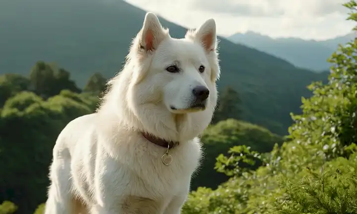 Un sereno paisaje japonés con un majestuoso perro blanco de pie alto, capa suave brillando en la luz del sol, expresión facial orgullosa, cejas boscosas, y una mirada suave, rodeado de exuberante vegetación y montañas de mal gusto