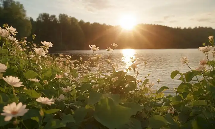 ilustración 3D de un ojo feliz de gatos, un lago tranquilo al atardecer, una brisa suave con hojas soplando, una flor delicada floreciendo, un rayo de luz calmante que brilla hacia abajo