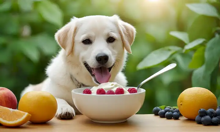 Un perro feliz comiendo yogurt de un tazón con una cuchara, rodeado de frutos y hojas saludables, con un fondo ligero sutil para representar el bienestar y la nutrición, mostrando un entorno suave y natural