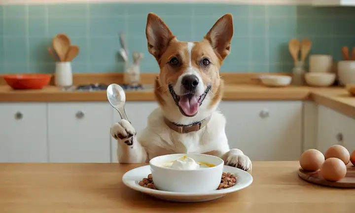 Un perro feliz con una cuchara en su pata, rodeado de tazones de yogur y un fondo borroso de utensilios de cocina, que transmiten juguetez e inocencia, con un efecto sutil gradiente para representar la mezcla de beneficios y riesgos