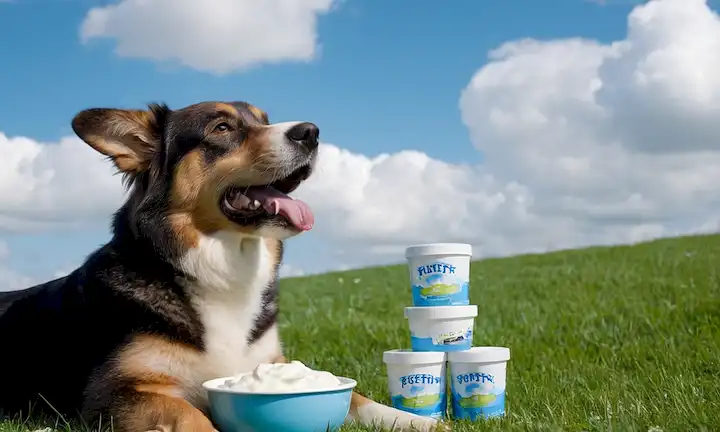 Un perro feliz de tamaño mediano con un abrigo brillante, sentado sobre una hierba verde, rodeado de contenedores de yogur y un tazón, con algunos huesos y golosos diseminados alrededor, bajo un cielo azul brillante con nubes blancas suaves