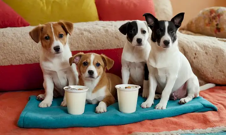 3 perros, grandes y pequeños, sentados cómodamente en una manta, sosteniendo pequeñas cucharas, con tazas de yogur cerca, en un fondo colorido, representando un escenario juguetón y saludable