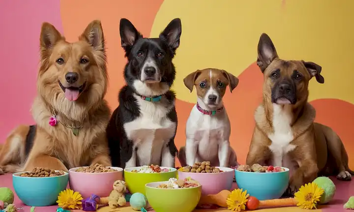 3 perros en varios tamaños y razas sentados en un fondo colorido, sosteniendo cucharas con yogur, rodeado de juguetes y golosinas de perros, transmitiendo diversión y amistad, con elementos naturales como hojas o flores subtly integrado
