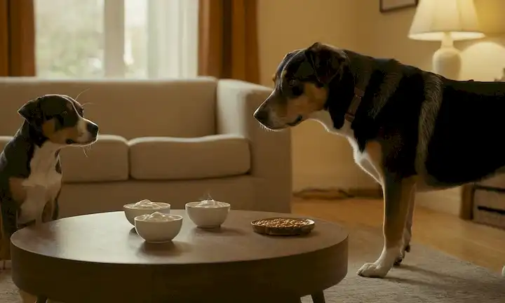 3-5 perros jugando juntos en un salón con un tazón de yogur en la mesa de café, un perro olfateando el yogur, otro lamiendo, y los otros mirando curiosa, cálida iluminación y acogedor ambiente